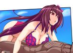  1girl :o all_fours bangs bikini blue_sky breasts cleavage clothed_female_nude_male dark_skin dark_skinned_male day eyebrows_visible_through_hair fate/grand_order fate_(series) hair_between_eyes hair_intakes hetero implied_paizuri isemagu large_breasts long_hair lying nude on_back open_mouth outdoors purple_bikini purple_eyes purple_hair scathach_(fate)_(all) scathach_(swimsuit_assassin)_(fate) sidelocks sky solo_focus swimsuit tsurime twitter_username 
