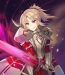  &gt;:) armor armored_dress blonde_hair braid clarent commentary_request cowboy_shot fate/apocrypha fate/grand_order fate_(series) french_braid gauntlets green_eyes hair_ornament hair_scrunchie holding holding_sword holding_weapon looking_at_viewer mordred_(fate) mordred_(fate)_(all) parted_lips pauldrons ponytail red_scrunchie scrunchie smile solo sword v-shaped_eyebrows weapon yuemanhuaikong 
