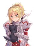  &gt;:( armor armored_dress black_cat blonde_hair blush braid cat closed_mouth commentary_request fate/apocrypha fate/grand_order fate_(series) french_braid frown gauntlets green_eyes hair_ornament hair_scrunchie mordred_(fate) mordred_(fate)_(all) pauldrons ponytail red_scrunchie scrunchie solo upper_body v-shaped_eyebrows yuemanhuaikong 