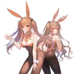  :o absurdres animal_ears ass black_bow black_legwear blush bow breasts brown_eyes brown_hair bunny_ears bunny_girl bunny_tail bunnysuit catbii closed_mouth commentary detached_collar eyebrows_visible_through_hair from_behind girls_frontline hair_between_eyes hair_bow hand_on_own_leg highres large_breasts leaning_forward leotard light_smile long_hair looking_at_viewer looking_back multiple_girls necktie open_mouth orange_neckwear panties pantyhose red_eyes red_leotard short_necktie signature sketch tail twintails twitter_username two_side_up ump45_(girls_frontline) ump9_(girls_frontline) underwear very_long_hair white_background wing_collar wrist_cuffs 