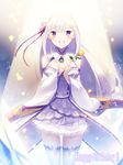  birthday blush dress emilia_(re:zero) flower long_hair re:zero_kara_hajimeru_isekai_seikatsu smile violet_eyes white_hair 
