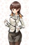  absurdres alternate_costume black_legwear black_skirt breasts brown_hair collared_shirt commentary cosplay epaulettes gloves highres holding_pointer kantai_collection katori_(kantai_collection) katori_(kantai_collection)_(cosplay) kazu_(really_in_hot_water_now) large_breasts long_hair looking_at_viewer military military_uniform ooi_(kantai_collection) pantyhose pointer red_eyes shirt skirt smile solo uniform white_gloves 