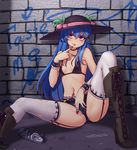  :p adapted_costume alley alternate_costume belt black_bikini_top blue_hair blush boots breasts brick_wall brown_footwear can choker cigarette_butt commentary condom cross-laced_footwear denim denim_shorts food fruit garter_straps graffiti hat hater_(hatater) high_heel_boots high_heels highres hinanawi_tenshi labia_piercing lace-up_boots leaf long_hair looking_at_viewer looking_up nail_polish navel navel_piercing peach piercing prostitution pussy red_eyes short_shorts shorts sitting small_breasts smile solo spread_legs spread_pussy spread_pussy_under_clothes studded_bracelet thighhighs tongue tongue_out tongue_piercing torn_clothes torn_legwear touhou used_condom v very_long_hair wall white_legwear 