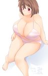  1girl blush breasts brown_hair cleavage eno_konoe huge_breasts looking_at_viewer mikomu original parted_lips plump red_eyes sitting solo swimsuit thick_eyebrows 