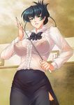  1girl bra breasts curvy female green_eyes igawa_asagi large_breasts long_hair looking_at_viewer nipples pencil_skirt smile solo taimanin_(series) taimanin_asagi upper_body zol 