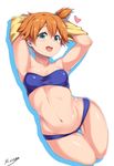  :d aqua_eyes armpits arms_up artist_name ass_visible_through_thighs bandeau bare_shoulders bikini blue_bikini blush breasts cropped_legs hair_between_eyes heart highres kasumi_(pokemon) looking_at_viewer moisture_(chichi) navel one_side_up open_mouth orange_hair pokemon pokemon_(anime) shirt_lift shirt_over_head side_ponytail simple_background small_breasts smile solo swimsuit thigh_gap undressing 