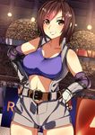  bare_shoulders belt breasts brown_eyes brown_hair commentary_request elbow_gloves gloves hands_on_hips highres kazama_asuka large_breasts looking_at_viewer navel nishisan_(mikurosu) short_hair smile solo standing tekken 