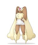  1girl animal_ears bunny_ears bunny_tail covered_navel covering_mouth dress eyes_closed full_body furry hands_on_own_face hands_up happy hat highres legs_apart limebreaker lopunny navel no_humans nurse nurse_cap pokemon pokemon_(creature) pokemon_dppt red_cross short_dress simple_background solo standing tail white_background white_hat 