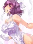  armpits bare_shoulders blush bow breasts character_request cleavage closed_mouth collarbone commentary_request copyright_request from_side gloves hair_bow highleg large_breasts leotard looking_at_viewer looking_to_the_side purple_eyes purple_hair shiny shiny_skin smile solo suikamaru white_bow white_gloves white_leotard 