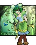  boots butterfly dress farore green_dress green_eyes green_hair happy leaf nature open_mouth pointy_ears smile the_legend_of_zelda twintails 