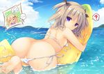  &gt;_&lt; :o ? ass banana_boat bangs barefoot bikini bikini_pull black_bow black_ribbon blonde_hair blue_sky blush bow braid breasts cloud cloudy_sky collarbone commentary_request day eyebrows_visible_through_hair flailing flying_sweatdrops frilled_hairband frills green_hair hair_bow hair_ornament hair_ribbon hair_tie hairband hairclip halter_top halterneck horizon inflatable_toy looking_at_viewer looking_back multiple_girls ocean on_banana open_mouth original outdoors parted_lips partially_visible_vulva polka_dot purinko purple_eyes ribbon shoulder_blades side-tie_bikini sky small_breasts solo spoken_question_mark swimsuit two_side_up untied untied_bikini wardrobe_malfunction water white_bikini 