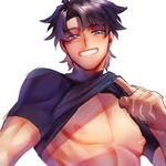  bad_id bad_twitter_id black_hair blue_eyes fate/grand_order fate_(series) fujimaru_ritsuka_(male) grin looking_at_viewer male_focus nipples pectorals puffy_nipples shirt_lift shuzukipai simple_background smile solo toned toned_male upper_body white_background 