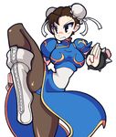  average-hanzo boots bracelet brown_hair bun_cover china_dress chinese_clothes chun-li double_bun dress jewelry pantyhose simple_background solo spiked_bracelet spikes standing standing_on_one_leg street_fighter white_background 