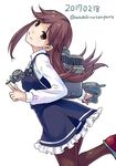  arashio_(kantai_collection) brown_eyes brown_hair crime_prevention_buzzer dated dress frilled_dress frills from_side kantai_collection long_hair long_sleeves looking_at_viewer machinery pantyhose pinafore_dress remodel_(kantai_collection) rigging school_uniform searchlight smile solo turret twitter_username wasabino_tenpura 