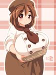  1girl breast_rest breasts brown_hair eno_konoe fat hat huge_breasts looking_at_viewer mikomu original red_eyes smile solo standing thick_eyebrows 