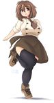  1girl breasts brown_hair eno_konoe large_breasts looking_at_viewer mikomu open_mouth original plump red_eyes smile solo standing thick_eyebrows thick_thighs thighhighs wide_hips 