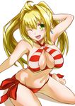  ;d ahoge armpits bangs bikini blonde_hair breasts cleavage commentary_request criss-cross_halter earrings fate/grand_order fate_(series) green_eyes hair_intakes halterneck highres jewelry large_breasts long_hair looking_at_viewer navel nero_claudius_(fate)_(all) nero_claudius_(swimsuit_caster)_(fate) one_eye_closed open_mouth side-tie_bikini smile solo stomach striped striped_bikini swimsuit twintails urayama_(backmountain) 