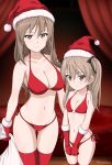  2girls bikini blush breasts brown_eyes brown_hair cameltoe christmas cleavage girls_und_panzer gloves gluteal_fold hat inoshira long_hair looking_at_viewer multiple_girls navel red_bikini red_gloves red_legwear sack santa_hat shimada_arisu shimada_chiyo small_breasts smile swimsuit thighhighs two_side_up 