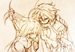  2girls ariarikapibara2 blazblue braid eyepatch hair_pull monochrome multiple_girls noel_vermillion nu-13 single_braid sketch 