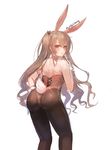  :o absurdres animal_ears ass black_bow black_legwear blush bow brown_eyes brown_hair bunny_ears bunny_girl bunny_tail bunnysuit catbii eyebrows_visible_through_hair from_behind girls_frontline hair_between_eyes hair_bow hand_to_own_mouth highres leotard long_hair looking_at_viewer looking_back open_mouth panties pantyhose red_leotard signature solo tail twitter_username two_side_up ump45_(girls_frontline) underwear white_background wrist_cuffs 