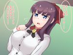  1girl blue_eyes blush breasts brown_hair hair_ornament hair_ribbon large_breasts looking_at_viewer new_game! open_mouth ribbon solo sweat takimoto_hifumi translation_request 