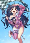  :d anklet barefoot black_hair blush checkered checkered_flag collarbone commentary_request earrings fate/grand_order fate_(series) flag fur_trim hair_ribbon highres hoop_earrings ishtar_(fate/grand_order) ishtar_(swimsuit_rider)_(fate) jacket jewelry long_hair long_legs long_sleeves looking_at_viewer open_mouth purple_jacket purple_legwear red_eyes ribbon single_thighhigh smile solo thighhighs toeless_legwear two_side_up urayama_(backmountain) very_long_hair 
