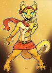  2018 anthro belly claws clothed clothing digital_media_(artwork) dungeons_&amp;_dragons egyptian jojo&#039;s_bizarre_adventure kobold looking_at_viewer makeup male navel open_mouth pose reptile scales scalie scarf simple_background sirocco smile solo sorcerushorserus wide_hips 