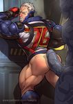  2boys against_wall ass blush bottomless erection gloves large_penis lucio_(overwatch) luxuris male_focus multiple_boys muscle overwatch penis scar silver_hair solder:_76_(overwatch) sweat yaoi 