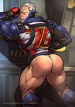  against_wall ass blush bottomless gloves luxuris male_focus muscle overwatch scar silver_hair solder:_76_(overwatch) sweat 