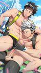  2boys abs age_difference anal blush brown_hair gloves hand_on_head male_focus male_protagonist_(pokemon_go) mazjojo multiple_boys muscle outdoors penetration penis pokemon pokemon_go sex silver_hair sweat testicle_grab testicles underwear willow_(pokemon) yaoi 