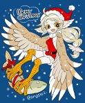  1girl ano5102 blonde_hair english_text feathered_wings female fish harpy hat long_hair monster_girl open_mouth original santa_hat snow solo twitter_username wings 