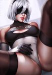  bare_shoulders black_hairband blindfold blurry blurry_background breasts breasts_apart cleavage_cutout collarbone covered_eyes dandon_fuga elbow_gloves facing_viewer from_below gloves hairband leotard lipstick makeup medium_breasts mole mole_under_mouth nier_(series) nier_automata no_pants parted_lips realistic short_hair silver_hair solo spread_legs thighhighs white_leotard yorha_no._2_type_b 