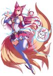  1girl ahri alternate_costume alternate_hair_color animal_ears bare_shoulders breasts fox_ears fox_tail large_breasts league_of_legends long_hair magical_girl peach_hair pink_hair purple_eyes skirt smile solo star_guardian_ahri thigh_boots tiara torahime_(artist) 