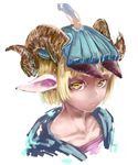 animal_ears bangs blonde_hair blue_hat blue_jacket blunt_bangs closed_mouth goat_ears goat_girl goat_horns hat horizontal_pupils horns horns_through_headwear jacket jaco looking_at_viewer monster_girl multiple_horns original pink_shirt portrait shirt short_hair simple_background sketch solo white_background yellow_eyes 