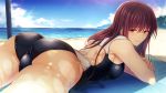  1girl ass bare_arms bare_legs beach blush breasts brown_hair closed_mouth day game_cg groin highres korekara_anata_wo_ubau_kara!!!_yuuwaku_soudatsu_sisters legs long_hair looking_back lying medium_breasts midou_aya mole mole_under_eye ocean on_stomach original outdoors parasol red_eyes sand sky smile solo sweat swimsuit tai_(nazutai) thighs towel umbrella water 