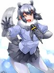  ;d animal_ears black_hair black_skirt blue_background blue_shirt bow bowtie brown_eyes common_raccoon_(kemono_friends) cowboy_shot dated extra_ears eyebrows_visible_through_hair fang fur_collar gloves grey_bow grey_gloves grey_hair grey_neckwear hand_up happa_(cloverppd) holding holding_microphone kemono_friends long_hair looking_at_viewer microphone miniskirt multicolored_hair one_eye_closed open_mouth pantyhose pleated_skirt raccoon_ears raccoon_tail shirt short_sleeves signature skirt smile solo tail white_background white_legwear 