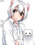  animal artist_name brown_eyes dated ermine happa_(cloverppd) kemono_friends long_hair necktie simple_background solo stoat stoat_(kemono_friends) stoat_ears upper_body white white_background white_hair 