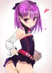  :p ass bangs bare_shoulders black_panties blush closed_mouth commentary_request detached_sleeves eyebrows_visible_through_hair fate/grand_order fate_(series) flat_chest frilled_sleeves frills heart helena_blavatsky_(fate/grand_order) highres long_hair looking_at_viewer muoto panties purple_eyes purple_hair smile solo thighs tongue tongue_out twisted_torso underwear white_sleeves 