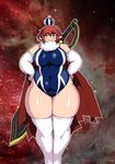  1girl bare_shoulders blue_eyes breasts curvy kjmvideo large_breasts looking_at_viewer original plump red_hair short_hair smile solo thick_eyebrows thick_thighs thighhighs wide_hips 