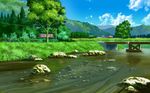  bad_id bad_pixiv_id blue_sky bridge cloud commentary day forest hill house mountain nature no_humans outdoors power_lines river rock rural scenery sky summer telephone_pole tree village water 