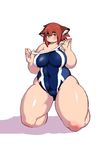  1girl animal_ears blue_eyes blush breasts curvy full_body kjmvideo kneeling large_breasts looking_at_viewer original plump red_hair short_hair solo swimsuit thick_eyebrows thick_thighs wide_hips 