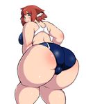  1girl ass bare_shoulders blue_eyes blush breasts curvy huge_ass kjmvideo large_breasts looking_at_viewer looking_back original parted_lips plump red_hair short_hair solo standing swimsuit thick_eyebrows thick_thighs wide_hips 