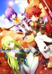  anklet black_gloves bow bowtie cloud cloudy_sky day dutch_angle eating elbow_gloves elsword elsword_(character) eyebrows_visible_through_hair fingerless_gloves gloves green_eyes green_hair hair_between_eyes high_magician_(elsword) jewelry leaning_forward long_hair looking_at_viewer outdoors ponytail purple_eyes purple_hair purple_ribbon red_eyes red_hair rena_(elsword) ribbon ribbon-trimmed_thighhighs short_sleeves sitting sky sniping_ranger_(elsword) spiked_hair sun sword_knight_(elsword) thighhighs very_long_hair vilor white_gloves white_legwear yellow_bow yellow_neckwear 
