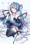  detached_sleeves full_body grin hatsune_miku kuroi_(liar-player) long_hair microphone microphone_stand nail_polish necktie skirt smile solo thighhighs twintails very_long_hair vocaloid 