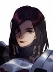  armor black_bodysuit bodysuit brown_eyes brown_hair closed_mouth ez_1011 face facial_mark lipstick looking_at_viewer makeup medium_hair overwatch pharah_(overwatch) red_lipstick simple_background smile solo white_background 