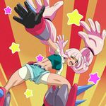  ;d abs bike_shorts blush_stickers breasts green_shorts haruyama_kazunori heybot! long_hair looking_at_viewer medium_breasts midriff muscle muscular_female naguri_(heybot!) navel one_eye_closed open_mouth pink_hair prehensile_hair purple_eyes salute shorts shorts_under_shorts smile solo standing star v white_bike_shorts 