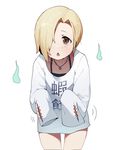  absurdres blonde_hair blush brown_eyes clothes_writing cowboy_shot hair_over_one_eye highres idolmaster idolmaster_cinderella_girls jewelry long_sleeves looking_at_viewer motion_lines necklace parted_lips shirasaka_koume shirt short_hair simple_background skull_necklace sleeves_past_wrists solo waterkuma white_background white_shirt 