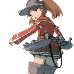 alchera brown_eyes brown_hair from_behind japanese_clothes kantai_collection kariginu looking_back machinery miniskirt open_mouth pleated_skirt ribbon-trimmed_sleeves ribbon_trim ryuujou_(kantai_collection) skirt solo twintails visor_cap 