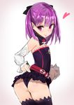  :p ass bangs bare_shoulders black_legwear black_panties blush closed_mouth detached_sleeves eyebrows_visible_through_hair fate/grand_order fate_(series) flat_chest frilled_sleeves frills heart helena_blavatsky_(fate/grand_order) highres long_hair looking_at_viewer muoto panties purple_eyes purple_hair smile solo thighhighs thighs tongue tongue_out twisted_torso underwear white_sleeves 