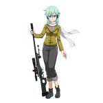  ai_arctic_warfare black_footwear bolt_action boots full_body gun hair_between_eyes hair_ornament hairclip highres looking_at_viewer official_art pants rifle scarf sinon smile sniper_rifle solo standing sword_art_online sword_art_online:_memory_defrag transparent_background weapon 